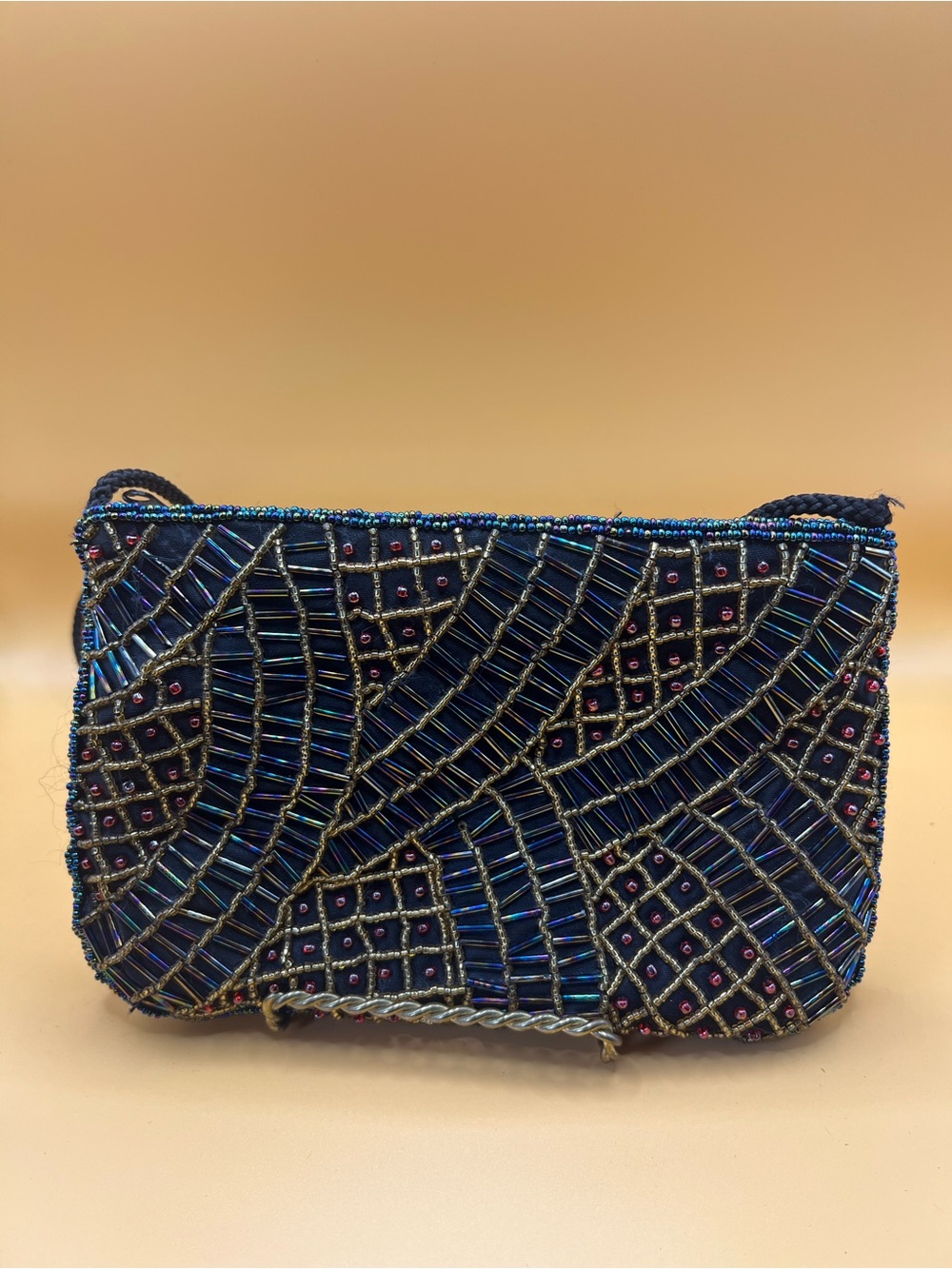 Vtg Valenti Franco Beaded Evening Clutch Iridescent Multi-Tone Geometric Flawed